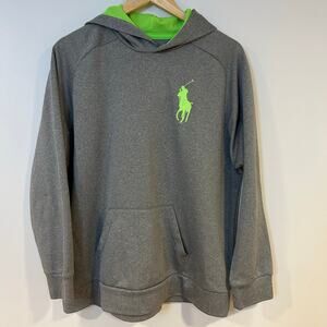 Polo Ralph Lauren Sz XL Gray Hoodie Green Pony Logo Polyester Green Lining Hood
